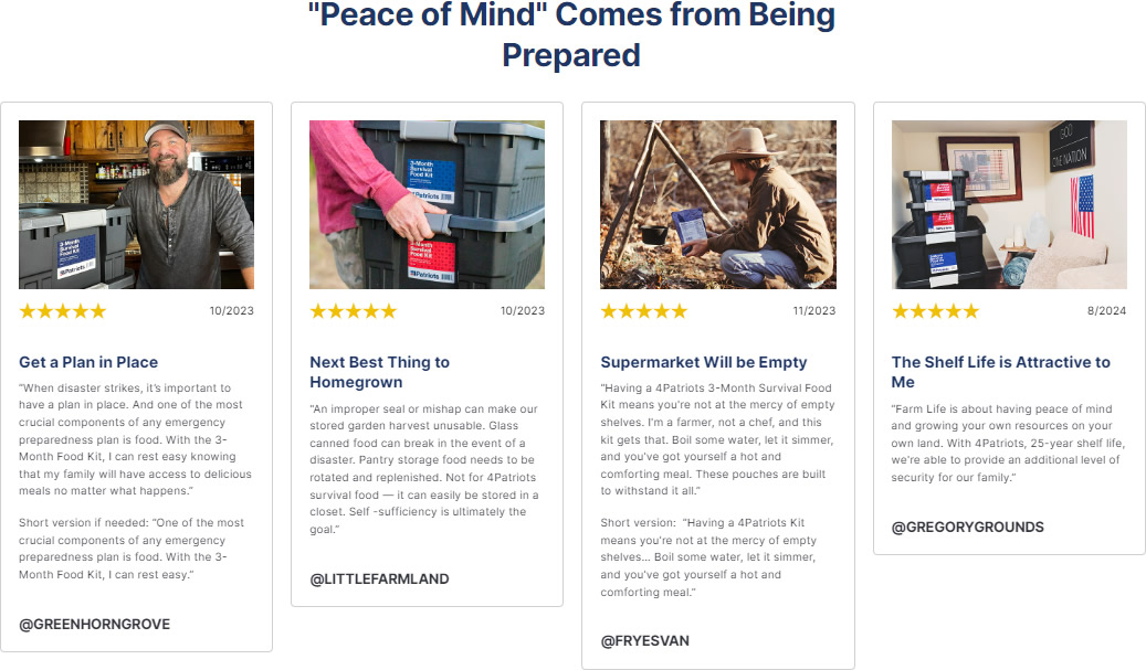 Patriot Food Supply - 4Patriots Survival Food Reviews with Food Kits, Prices, and Emergency Food Supply Details